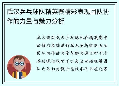 武汉乒乓球队精英赛精彩表现团队协作的力量与魅力分析